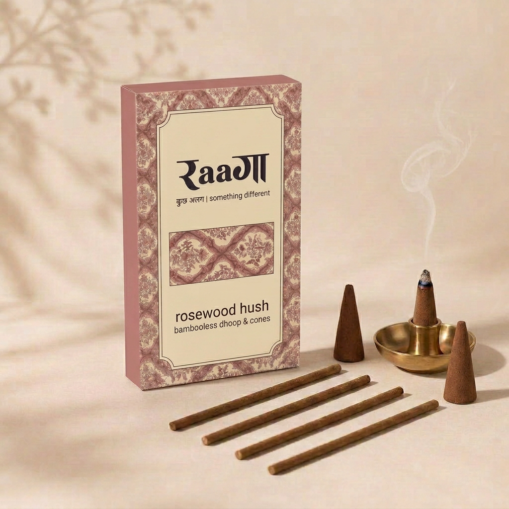 Rosewood Hush Bambooless Dhoop & Cones incense box with sticks