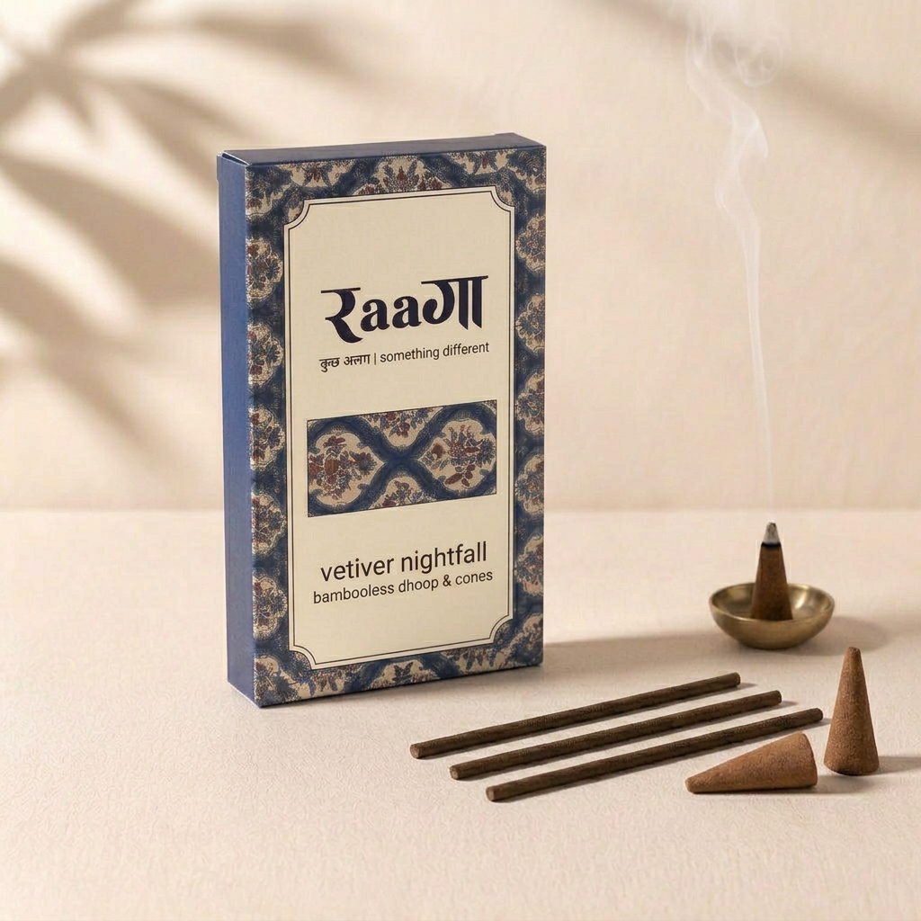 Vetiver Nightfall Bambooless Dhoop & Cones incense box with sticks